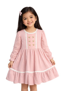 Girls Long Sleeve Pink Embroidered Dress with Lace Trim