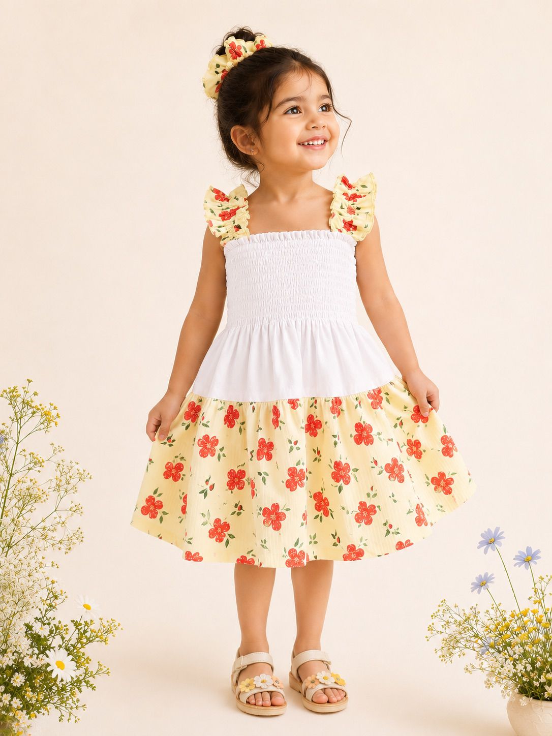 White & Yellow Floral Smocked Sundress