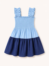 Girls' Two-Tone Smocked Tiered Dress with Ruffle Straps