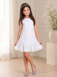 Girls' Elegant Floral Lace Party Dress – Sleeveless White Dress with Shimmer Frill