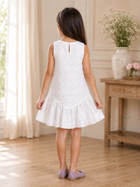 Girls' Elegant Floral Lace Party Dress – Sleeveless White Dress with Shimmer Frill