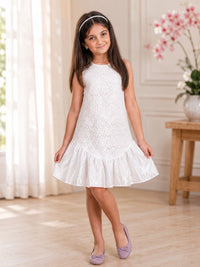 Girls' Elegant Floral Lace Party Dress – Sleeveless White Dress with Shimmer Frill