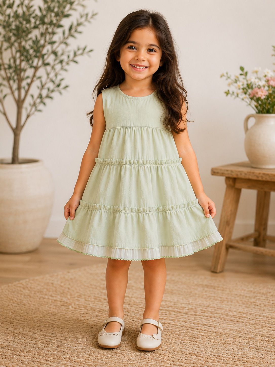 Sage Green Sleeveless Tiered Dress for Girls with Pleated Mesh Hem Trim