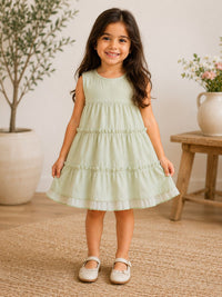 Sage Green Sleeveless Tiered Dress for Girls with Pleated Mesh Hem Trim