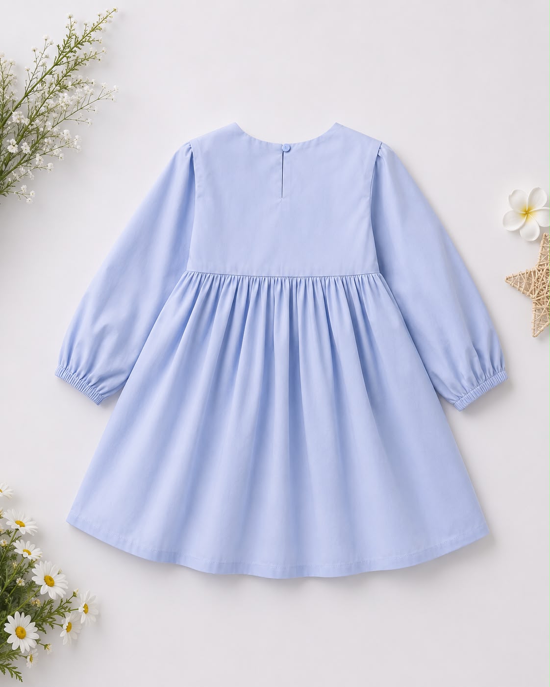 Girls Sky Blue Cotton Embroidered Peter Pan Collar Dress