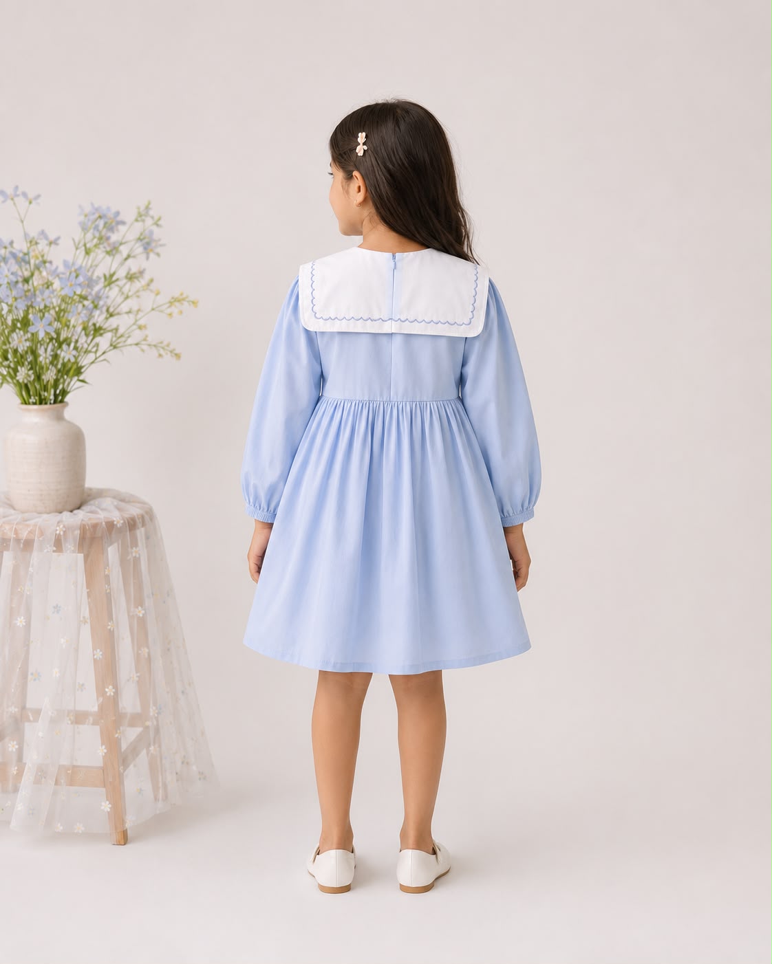 Girls Sky Blue Cotton Embroidered Peter Pan Collar Dress