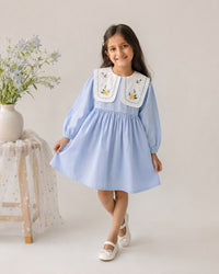 Girls Sky Blue Cotton Embroidered Peter Pan Collar Dress
