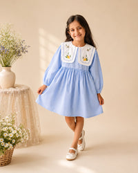 Girls Sky Blue Cotton Embroidered Peter Pan Collar Dress