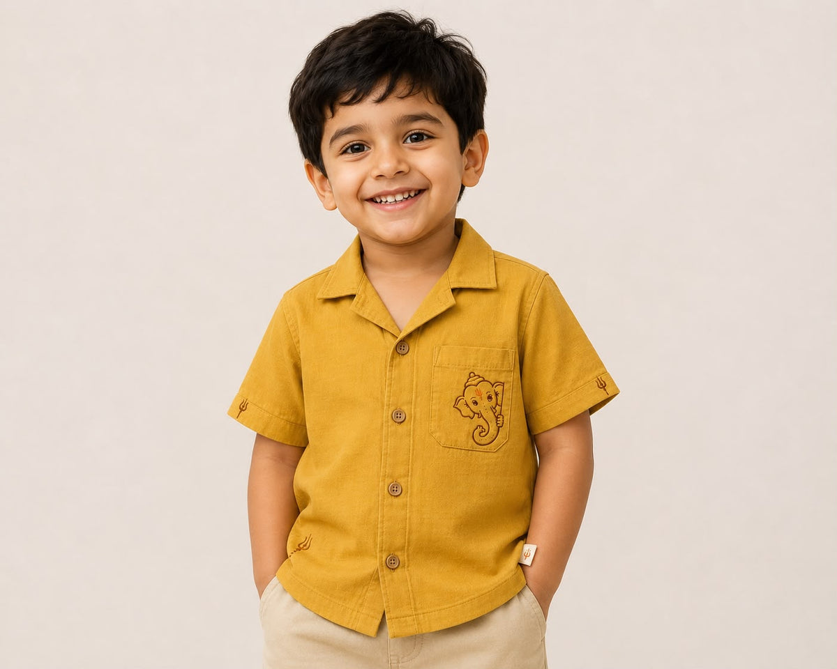 Bestseller Boys Mustard Yellow Ganpati Embroidered Cotton Shirt with Pocket