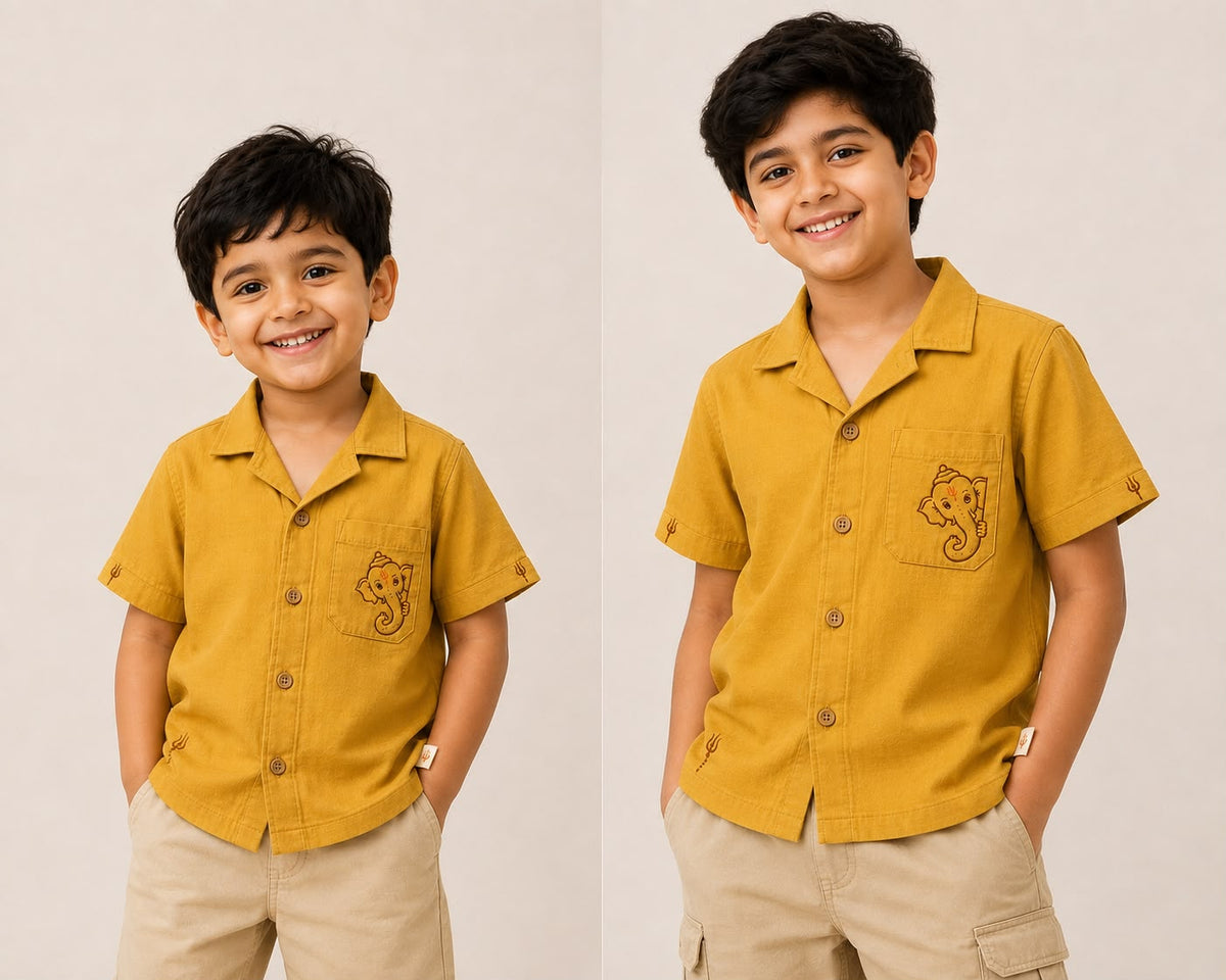 Bestseller Boys Mustard Yellow Ganpati Embroidered Cotton Shirt with Pocket