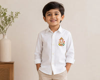 Bestseller Boys White Printed Ganpati Full Sleeve Cotton Shirt