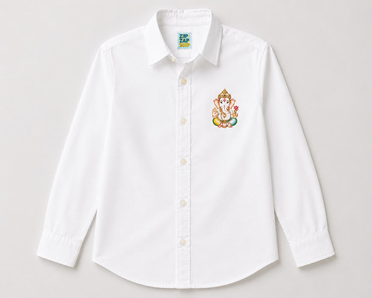 Bestseller Boys White Printed Ganpati Full Sleeve Cotton Shirt