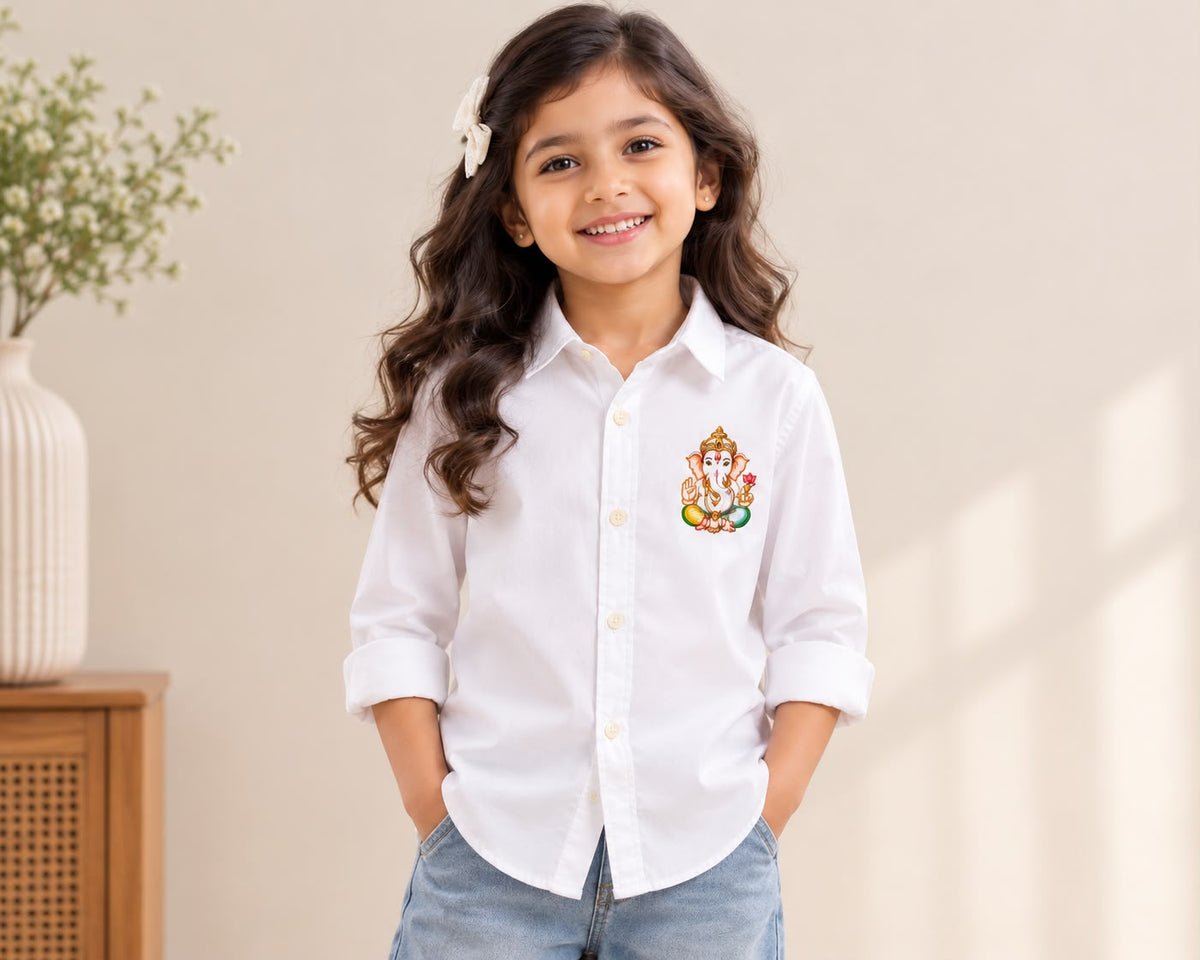 Bestseller Girls White Printed Ganpati Full Sleeve Cotton Shirt (Copy)
