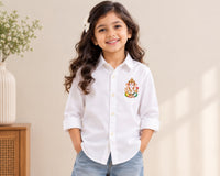 Bestseller Girls White Printed Ganpati Full Sleeve Cotton Shirt (Copy)