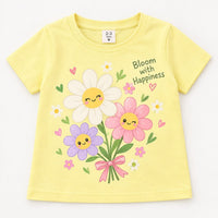 ZIP ZAP ZOOP Girls Yellow Floral Printed Cotton T-Shirt with Cute Flower Graphic