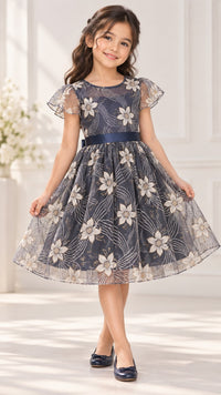 ZIP ZAP ZOOP Girls Navy Blue Floral Flutter Sleeve Fit & Flare Festive Dress