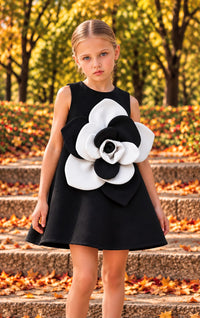 Girls Black Sleeveless A-Line Party Dress with Oversized Black & White 3D Flower