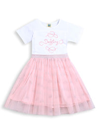 Girls Dress White & Pink "Dazzling" Pearl Embroidery Half Sleeve Frock