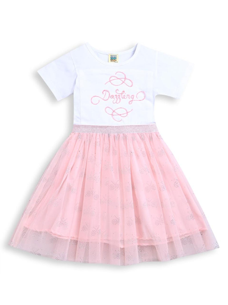 Girls Dress White & Pink "Dazzling" Pearl Embroidery Half Sleeve Frock
