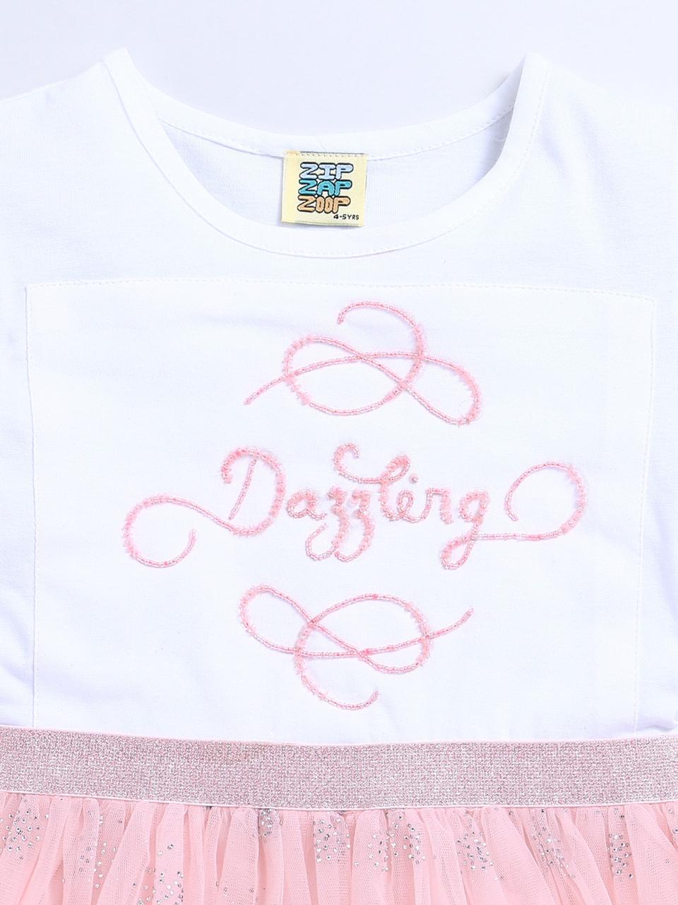 Girls Dress White & Pink "Dazzling" Pearl Embroidery Half Sleeve Frock
