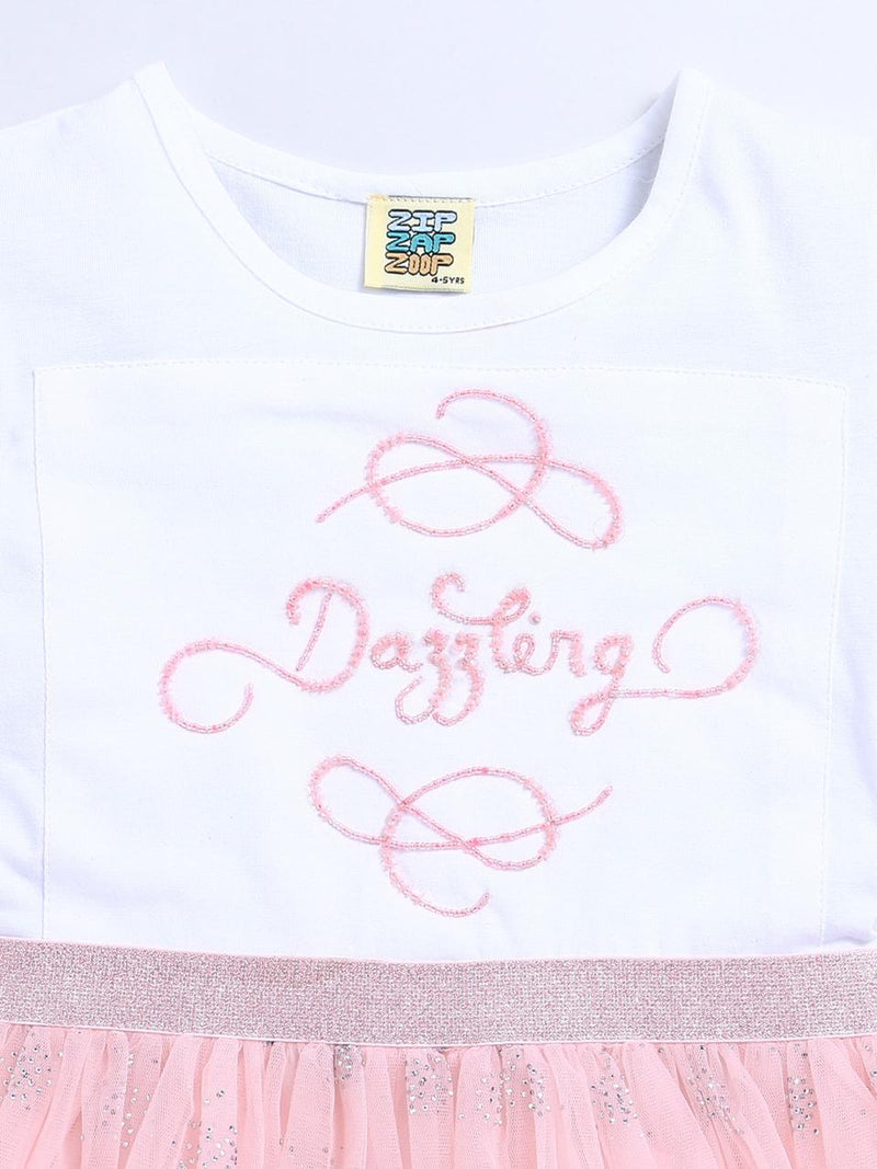 Girls Dress White & Pink "Dazzling" Pearl Embroidery Half Sleeve Frock