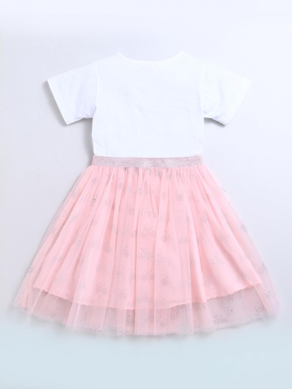 Girls Dress White & Pink "Dazzling" Pearl Embroidery Half Sleeve Frock