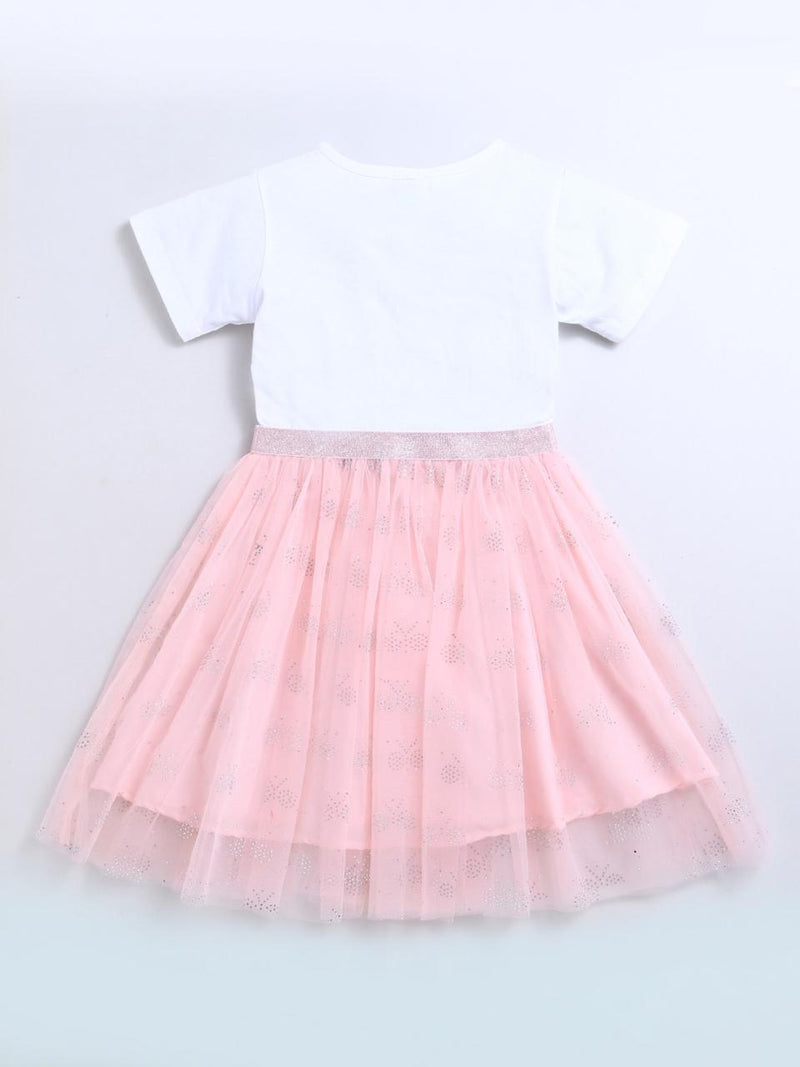 Girls Dress White & Pink "Dazzling" Pearl Embroidery Half Sleeve Frock