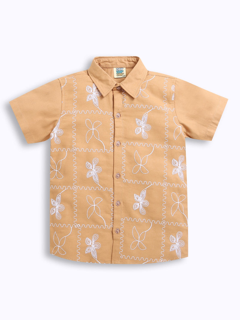 Light Brown Boys Embroidered Shirt & Shorts Co-ord Set (Copy)