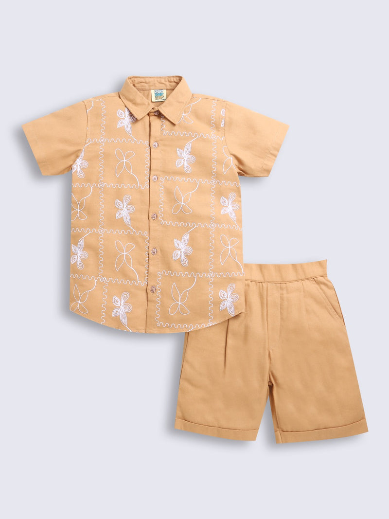 Light Brown Boys Embroidered Shirt & Shorts Co-ord Set (Copy)