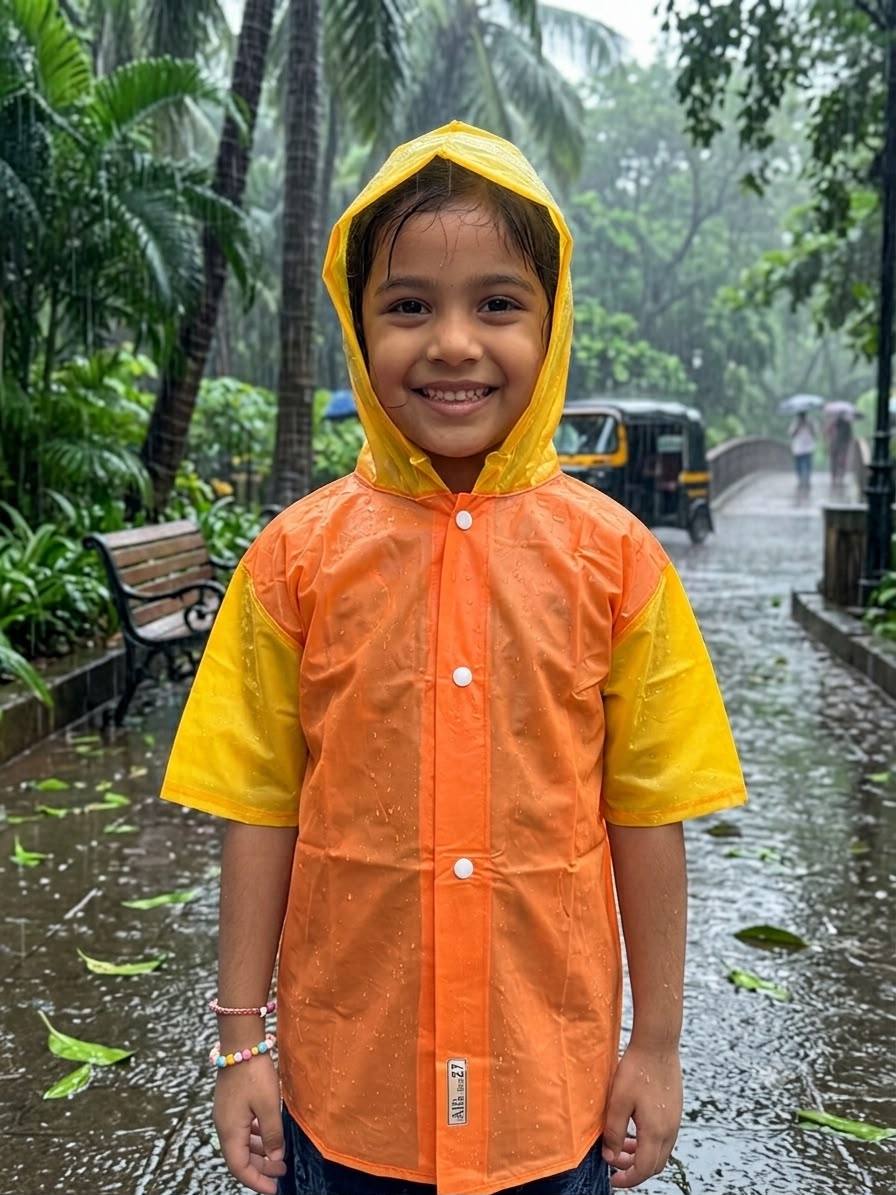 Kids' Dual-Tone Hooded Raincoat – Bright Neon & Orange