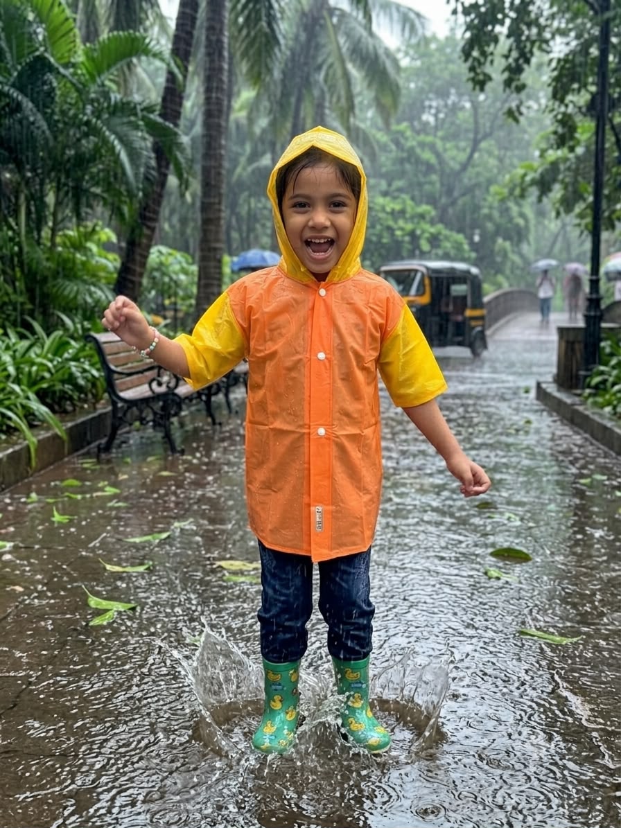 Kids' Dual-Tone Hooded Raincoat – Bright Neon & Orange
