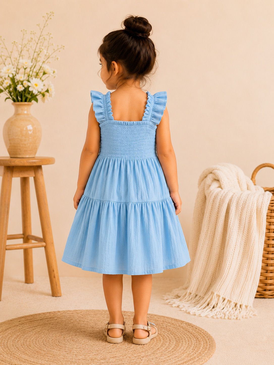 Girls Light Blue Smocked Tiered Dress