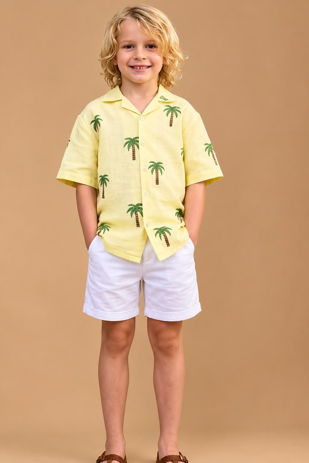 Boys Premium Cotton Yellow Palm Print Shirt with White Shorts Co-Ord Set