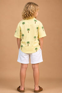 Boys Premium Cotton Yellow Palm Print Shirt with White Shorts Co-Ord Set