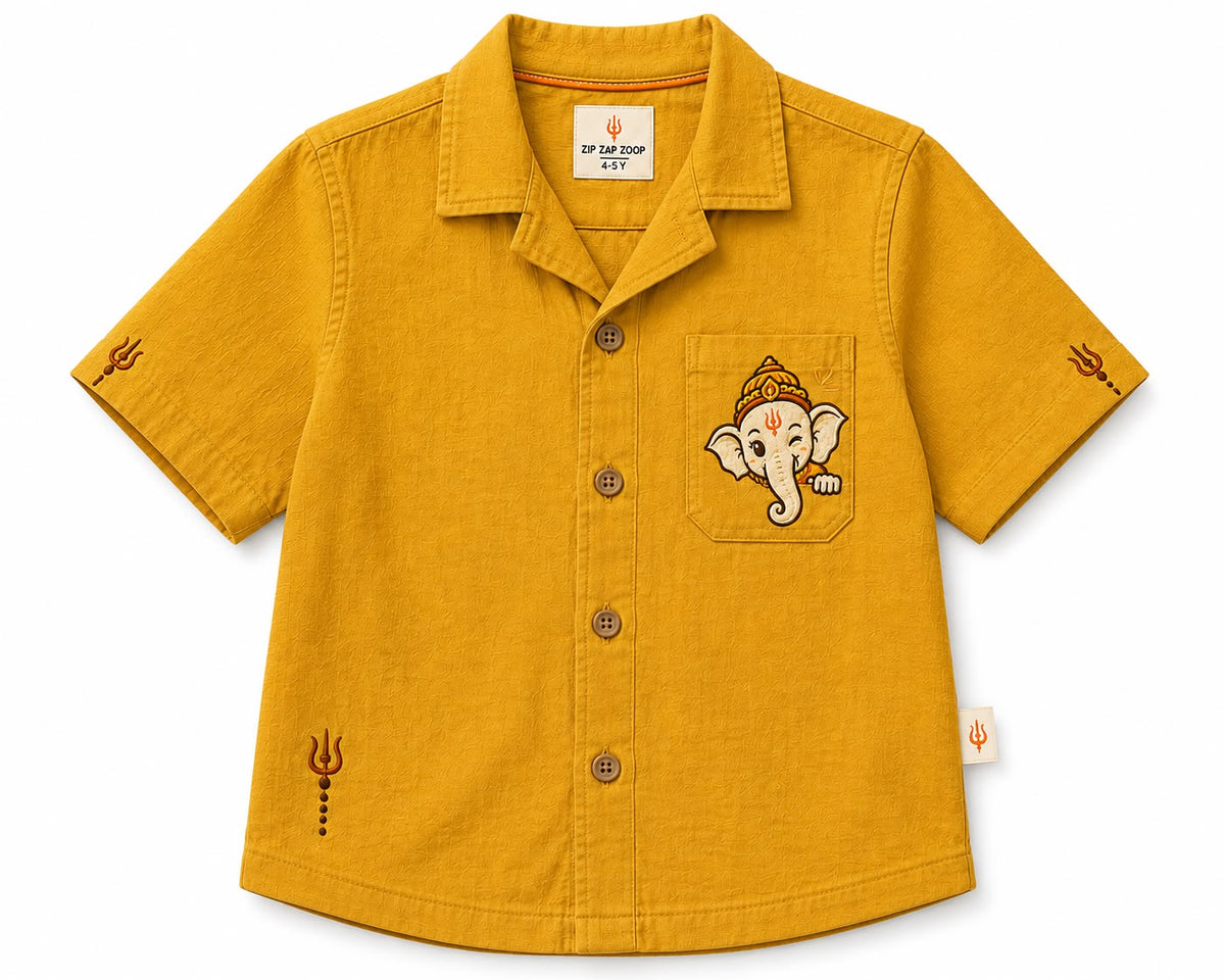 Bestseller Boys Mustard Yellow Embroidered Ganpati Cotton Shirt
