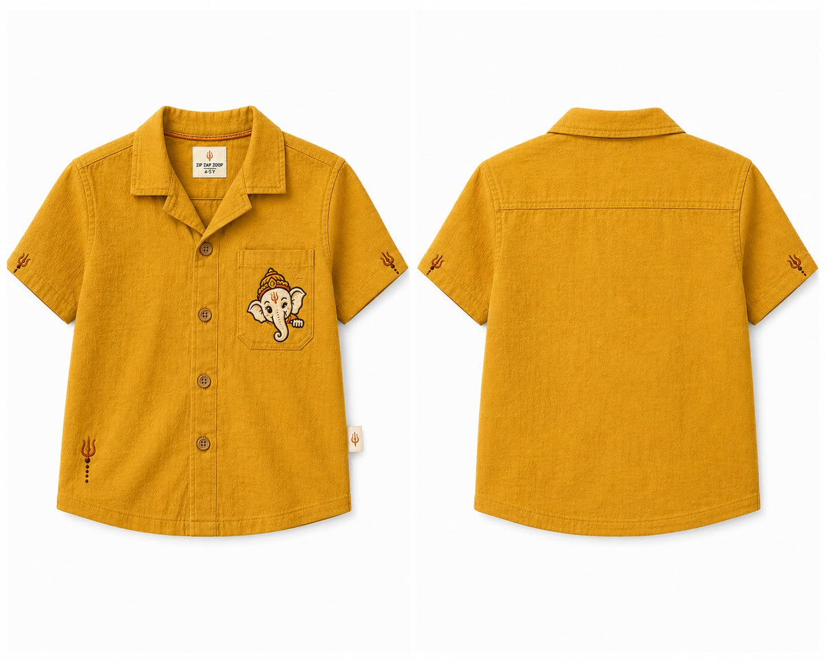 Bestseller Boys Mustard Yellow Embroidered Ganpati Cotton Shirt