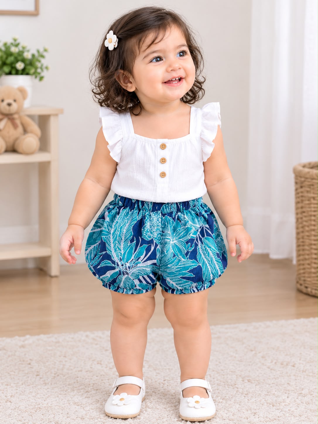 Blue Leaf Print Bloomer Shorts