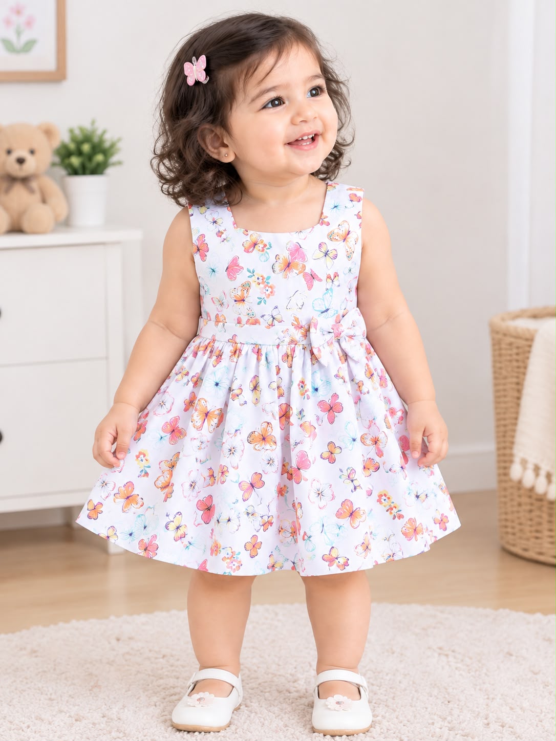 White Butterfly Print Sleeveless Baby girls dress