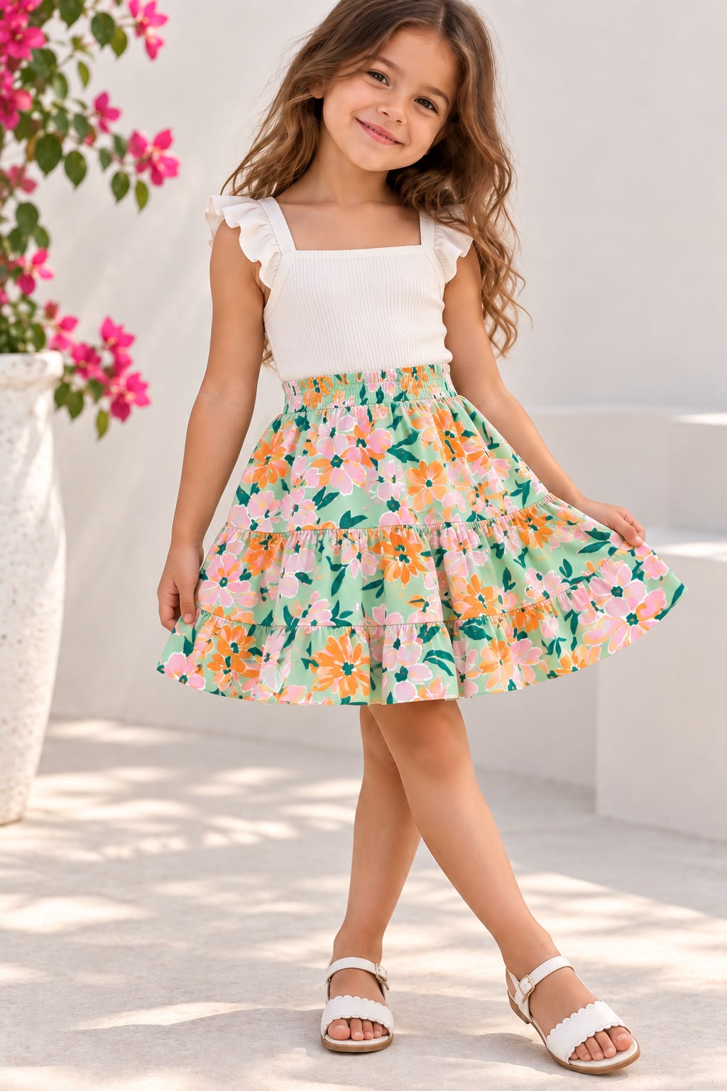 ZIP ZAP ZOOP Girls Mint Green Floral Print Smocked Tiered Dress with Ruffle Sleeves