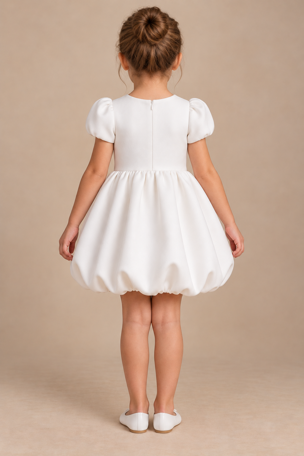 Girls White Scuba Puff Sleeve Bubble Party Dress with Fabric Flower Detail