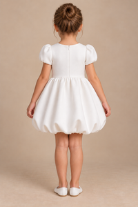 Girls White Scuba Puff Sleeve Bubble Party Dress with Fabric Flower Detail