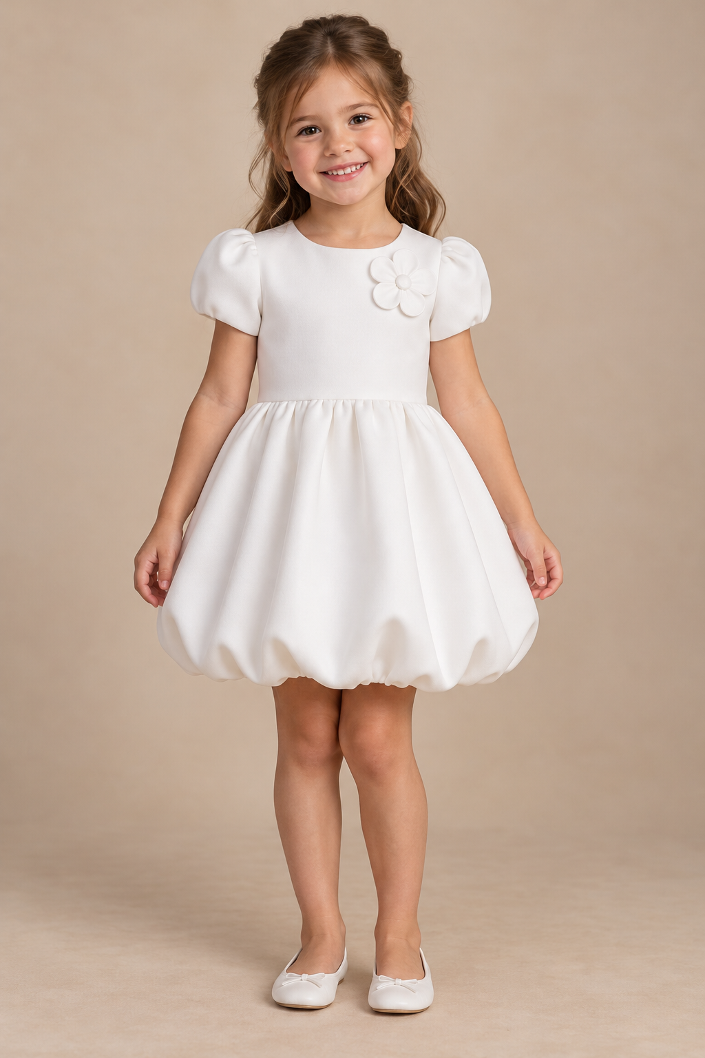 Girls White Scuba Puff Sleeve Bubble Party Dress with Fabric Flower Detail