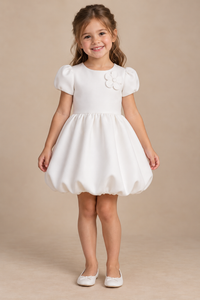 Girls White Scuba Puff Sleeve Bubble Party Dress with Fabric Flower Detail