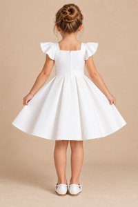 Girls White Scuba Flutter Sleeve Party Dress with Waist Bow & Pleated Skirt