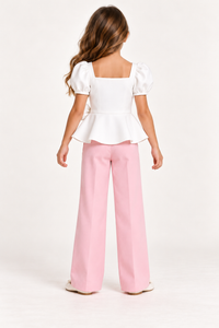 ZIP ZAP ZOOP Girls White Scuba Square Neck Puff Sleeve Peplum Top with Bow Detail