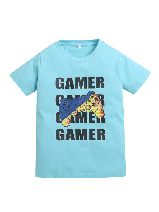 Sky Blue Gamer Print Pure cotton Boys T-shirt
