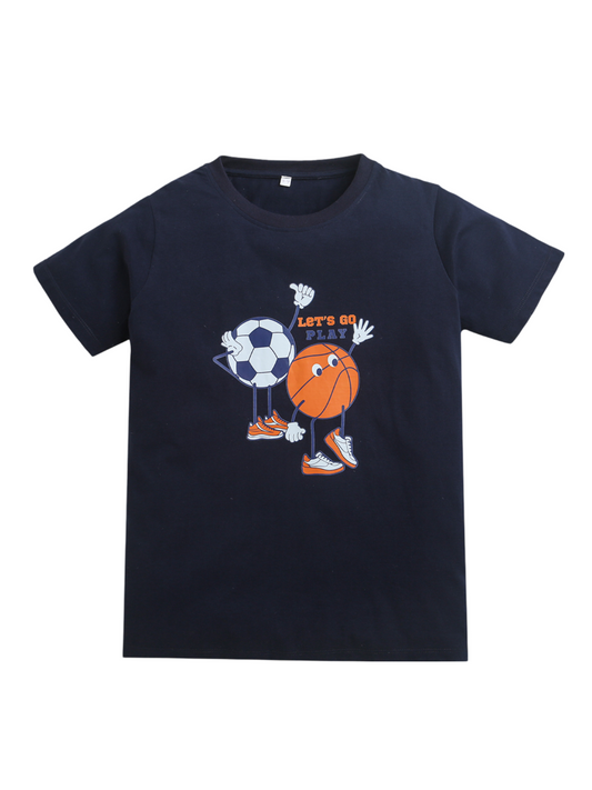 Navy Blue Foot Ball & Basket Ball Print Boys T-shirt