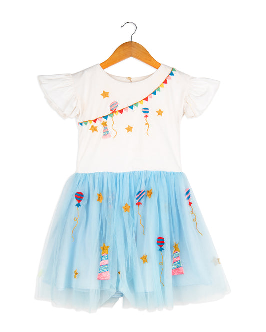 Sky Blue Half Sleeve Embroidered Party Girls Dress