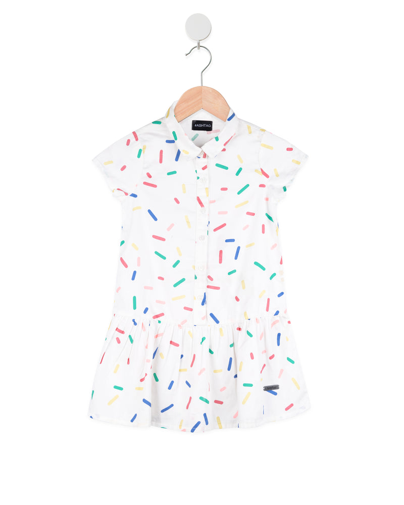 White Full Sleeve Casual Printed Girls Dress