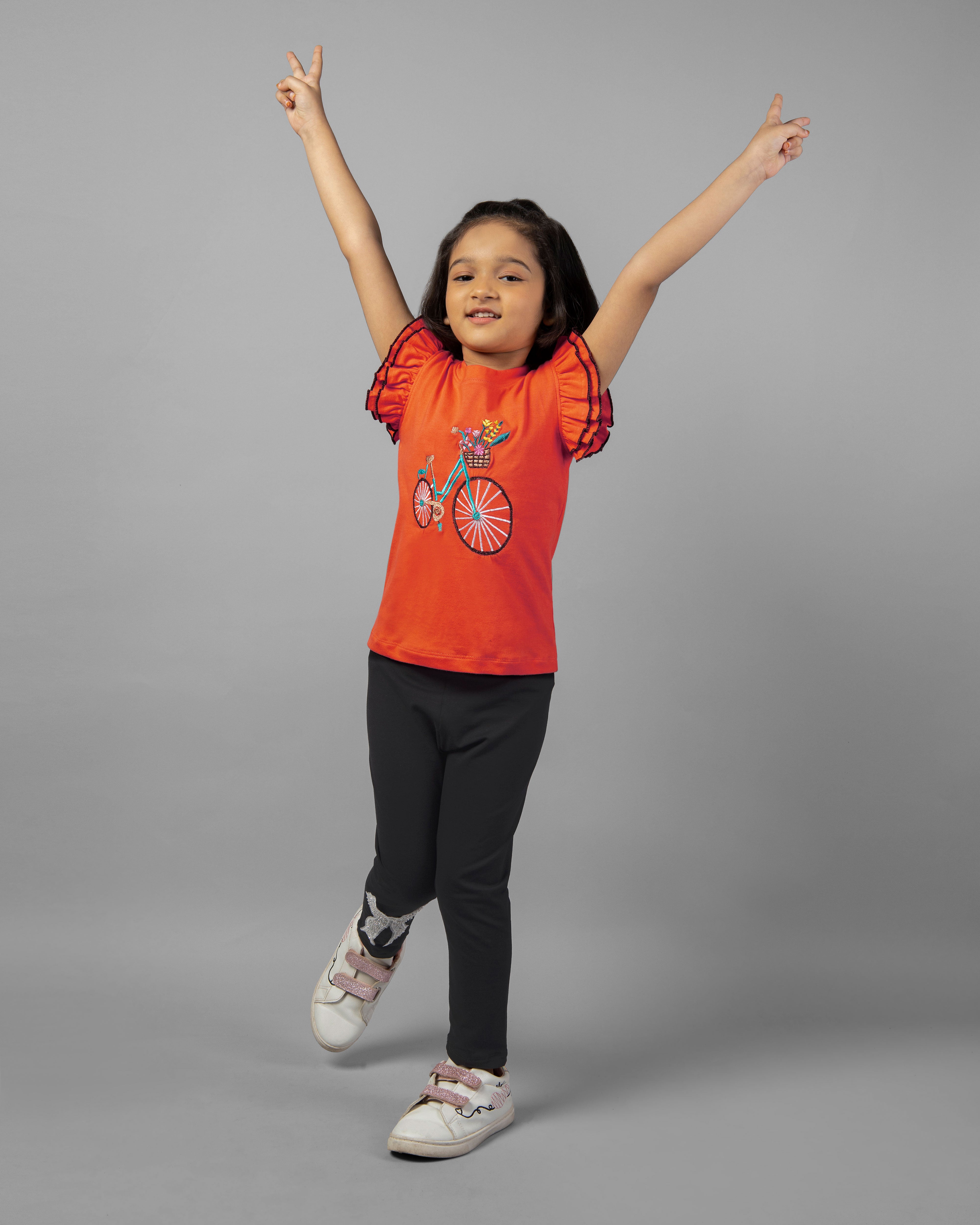 Girls Orange and Black Floral Bicycle Embroidered T-Shirt and